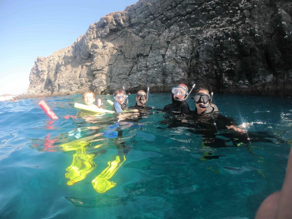 Guided snorkeling group floating near a rocky coastline with masks and fins